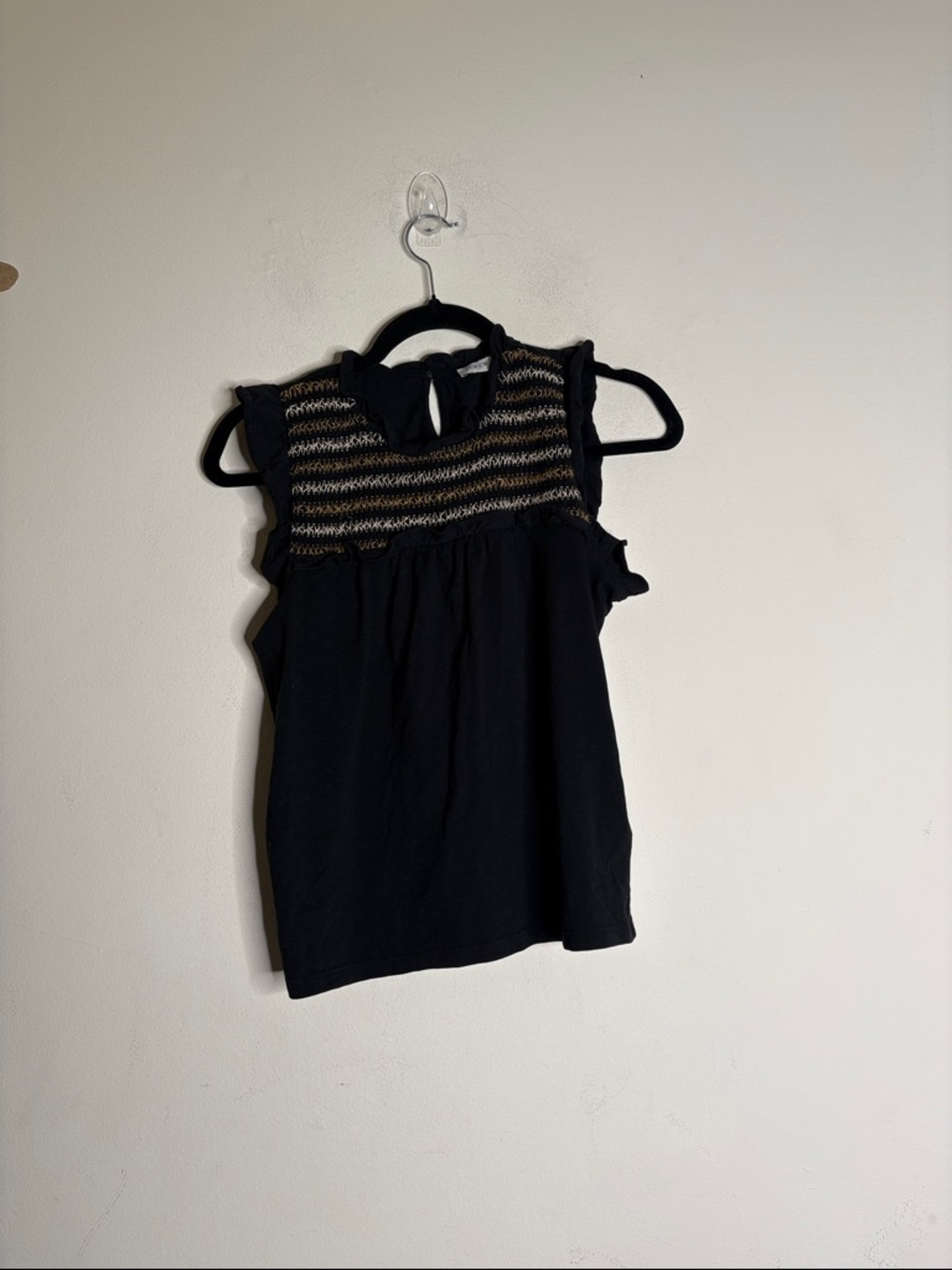 J. Crew Black Tank with Striped Knit Yoke and Ruffle Caps